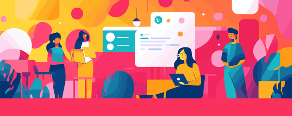 Fototapeta premium Colorful office environment with people collaborating and working on laptops - vector.
