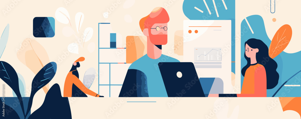 Poster office team collaboration with laptops and charts in modern workspace - vector.