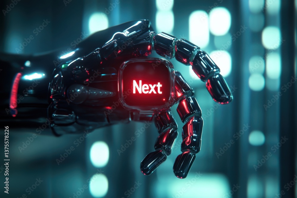 Poster robot hand displays the word next in a futuristic setting, the robot holds out its hand showing the 