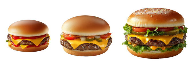 Close up of tasty burgers isolated on transparent background. the burgers are with meat, cooking a burger at home. junk fast food. 
