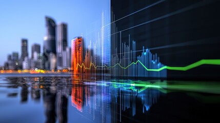 Dynamic financial analysis urban cityscape digital visualization business environment aerial view modern analytics