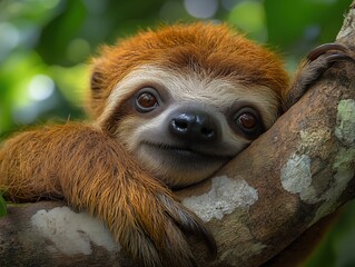 A charming sloth relaxing on a tree, captured in a stunning close-up. This adorable creature embodies tranquility and the slow pace of the rainforest.