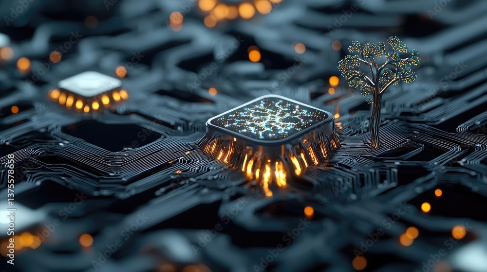 Poster cyberpunk biotech with digital plants innovation concept. a close-up view of a motherboard with embe