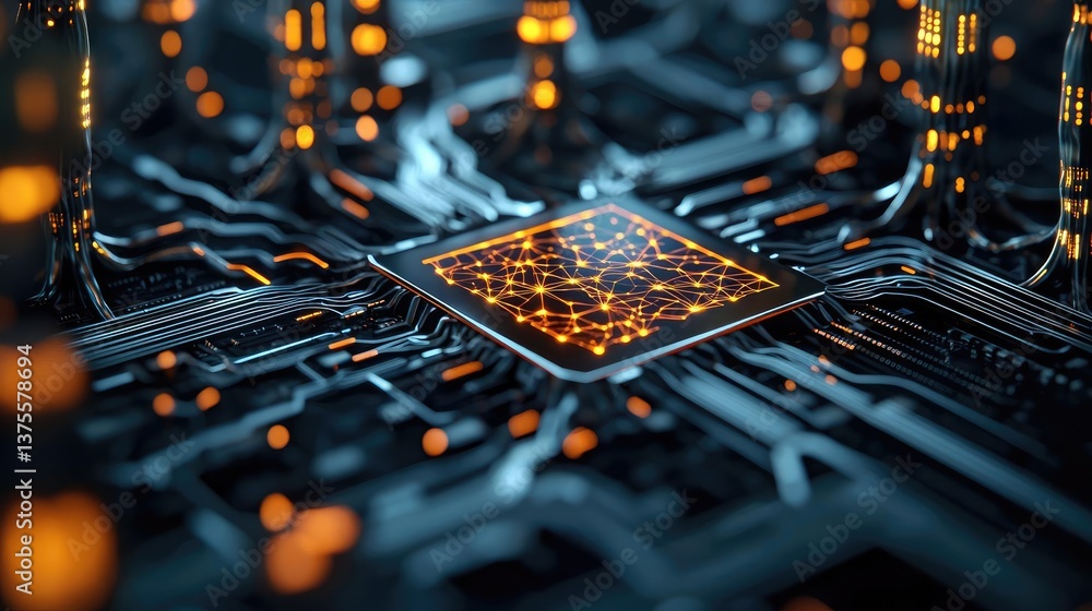 Aufkleber cyberpunk biotech with digital plants innovation concept. close-up view of a circuit board with glow