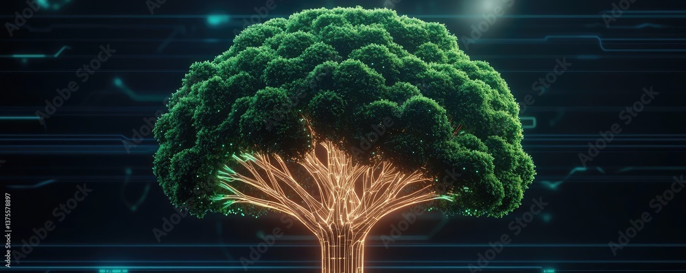 Poster cyberpunk biotech with sci-fi high-tech plants concept. a futuristic tree illuminated with glowing c
