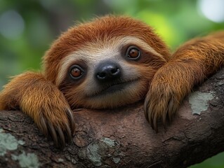 A charming sloth relaxing on a tree, captured in a stunning close-up. This adorable creature embodies tranquility and the slow pace of the rainforest.