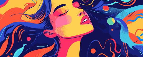 Vibrant abstract portrait of woman with colorful hair and closed eyes, artistic flowing design, vector.