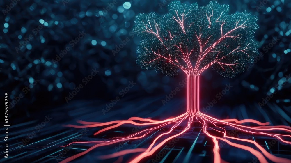 Poster cyberpunk biotech with high-tech futuristic plants concept. futuristic glowing tree with digital roo