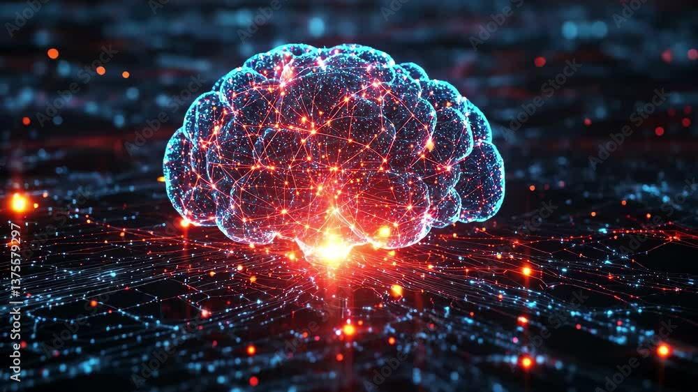 Poster exploring the concept of ai networks with a glowing brain representation in a digital environment, 4