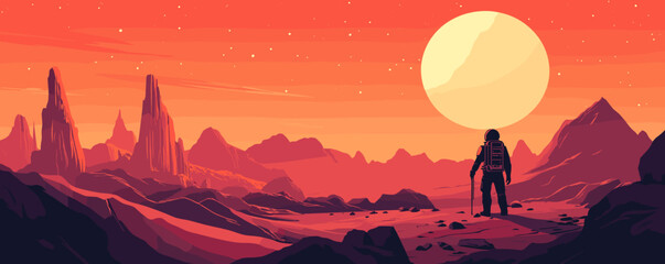 Fototapeta premium Astronaut in mars-like landscape with large sun and rocky terrain at sunset, vector.