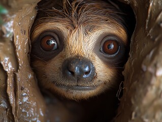 A charming sloth relaxing on a tree, captured in a stunning close-up. This adorable creature embodies tranquility and the slow pace of the rainforest.
