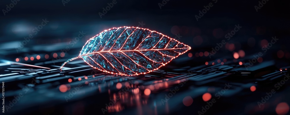 Poster cyberpunk biotech with digital plants innovation concept. a glowing leaf design on a circuit board b