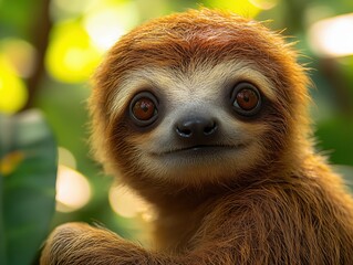 A charming sloth relaxing on a tree, captured in a stunning close-up. This adorable creature embodies tranquility and the slow pace of the rainforest.