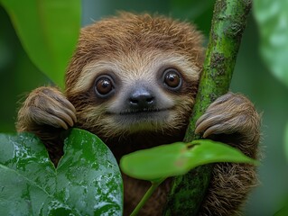 A charming sloth relaxing on a tree, captured in a stunning close-up. This adorable creature embodies tranquility and the slow pace of the rainforest.