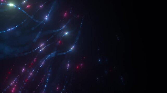 Futuristic glowing abstract blue and purple particle string background loop. AI network and advanced technology 3D animation depicting neural networks, artificial intelligence and quantum computing.