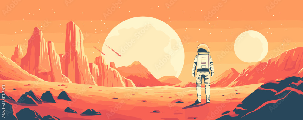 Poster astronaut exploring alien landscape with planets and meteor in background, space adventure – vector.