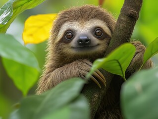 A charming sloth relaxing on a tree, captured in a stunning close-up. This adorable creature embodies tranquility and the slow pace of the rainforest.