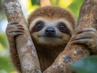A charming sloth relaxing on a tree, captured in a stunning close-up. This adorable creature embodies tranquility and the slow pace of the rainforest.