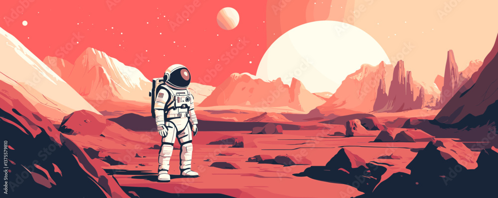 Poster astronaut exploring distant rocky planet with moons in background - vector.