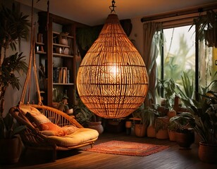A hanging rattan pendant light for a bohemian vibe.