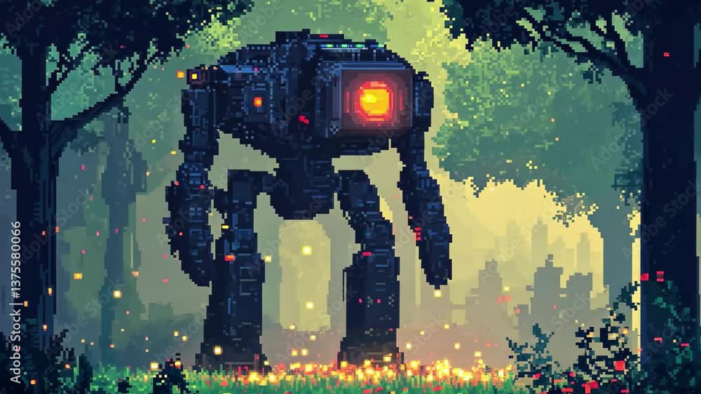Poster futuristic robot emerges from enchanting forest depths, blending technology with nature's serenity, 