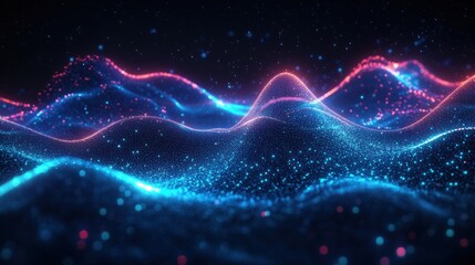 Digital Waveforms in a Cyberpunk Landscape with Neon Lighting and Energy Lines in a Futuristic Technology Concept