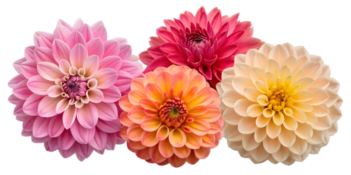 High-resolution dwarf dahlia flower heads isolated on a transparent background for digital artists, graphic designers, and floral decoration projects.