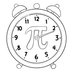 Alarm clock doodle featuring the pi symbol in place of clock hands, perfect for math lovers and Pi Day-themed illustrations.