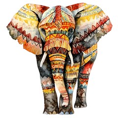 Majestic Elephant Adorned in Vibrant Tribal Patterns A Watercolor Illustration.