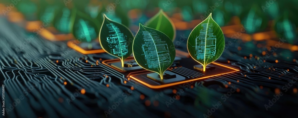 Aufkleber cyberpunk biotech with high-tech futuristic plants concept. futuristic green technology with leaves 