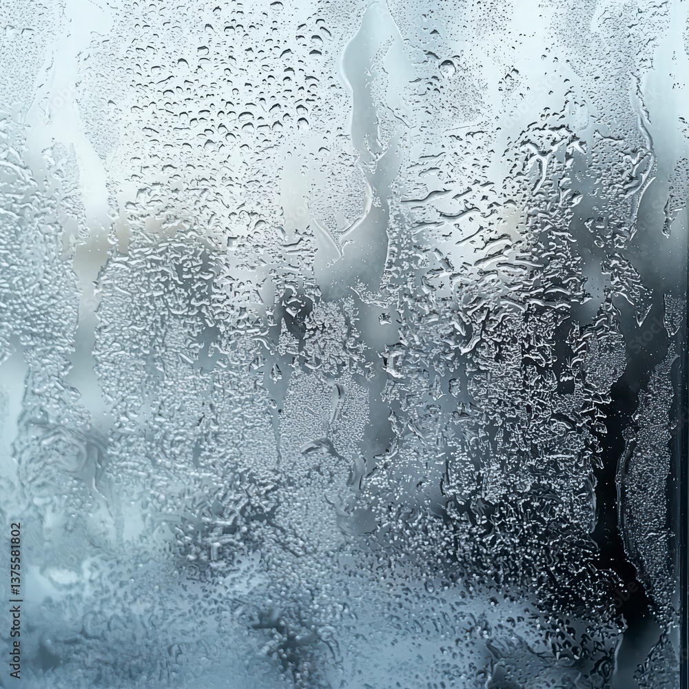 Poster damp transparency: a frosted window with intricate condensation patterns and mesmerizing water dropl