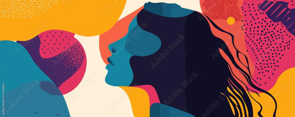 Poster abstract female side profile with vibrant colors and artistic patterns – vector.