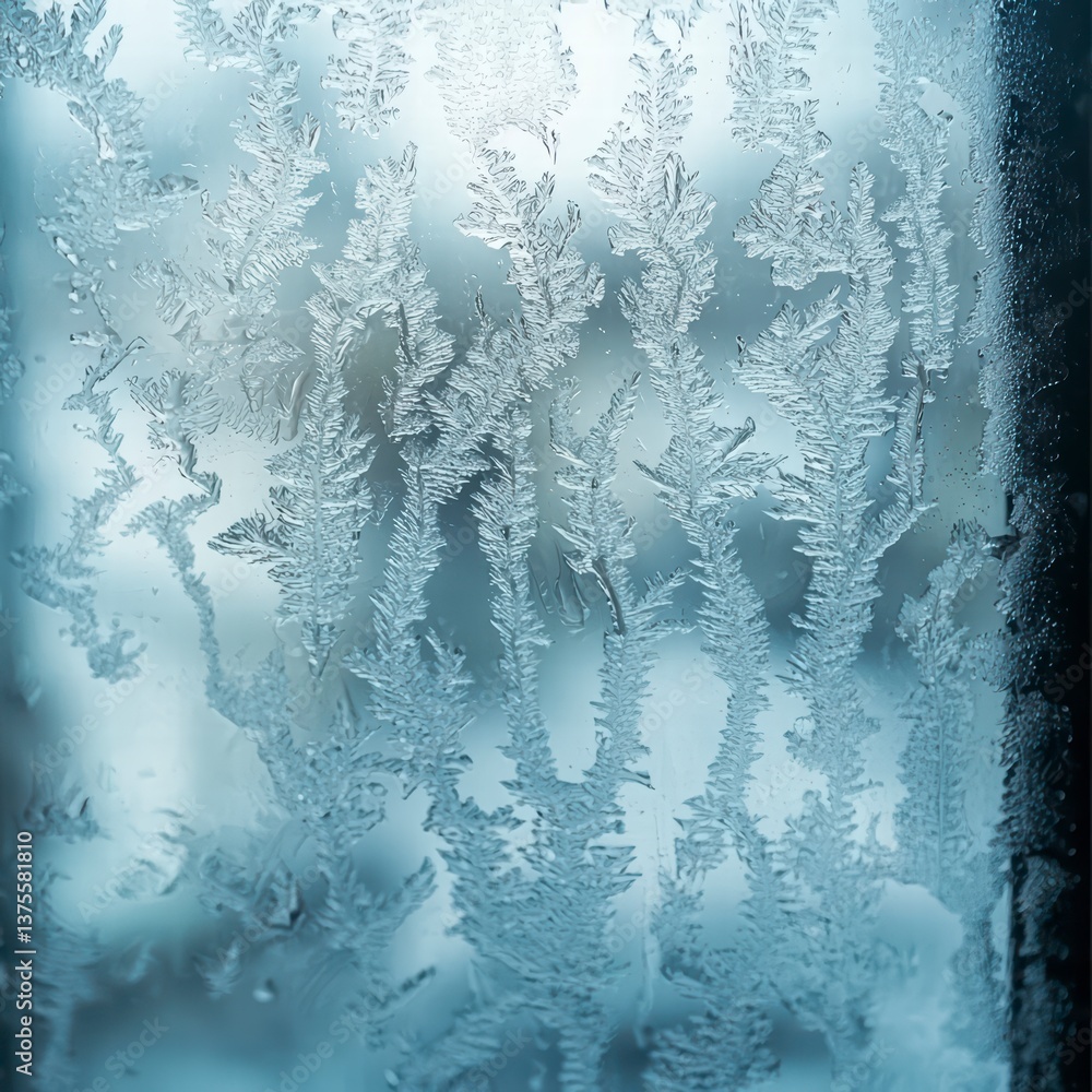 Poster frosty window: a close-up view of frost patterns on a window create a delicate display, showcasing t