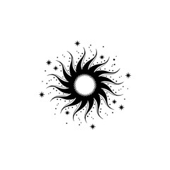 Black Sun and Stars Celestial Illustration, Minimalist Design