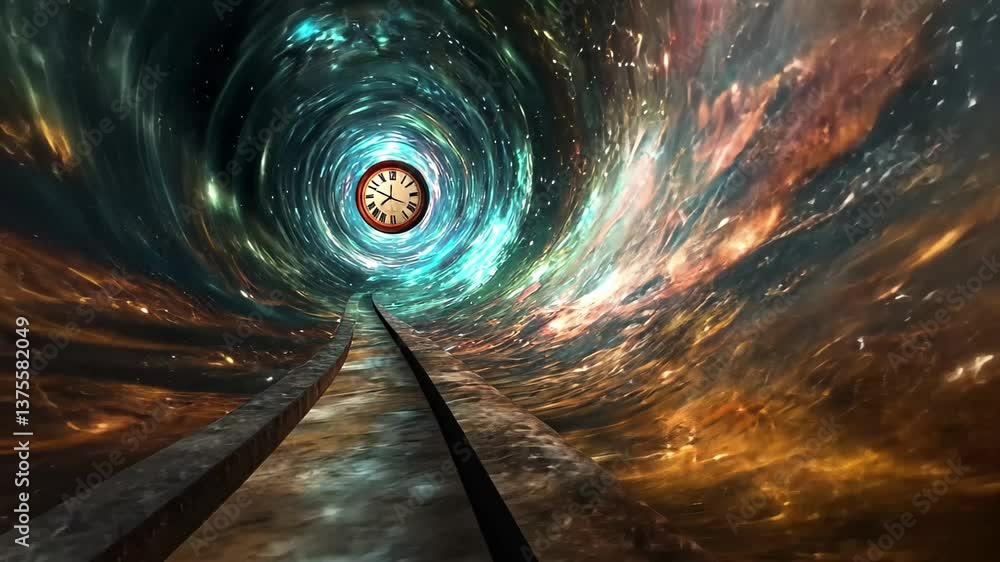 Poster pathway leads into cosmic void with floating clock marking time in a surreal space setting, hypnotic