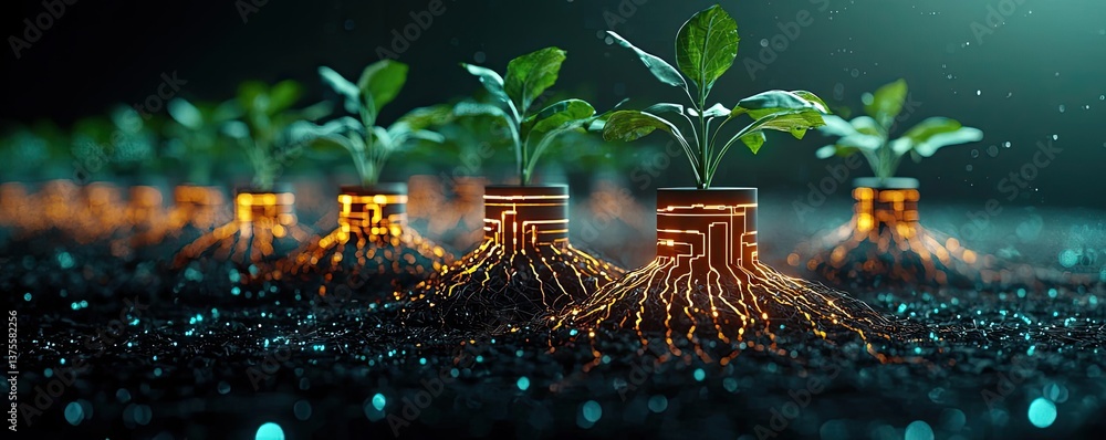 Poster cyberpunk biotech with digital plants innovation concept. innovative plants with technology-inspired