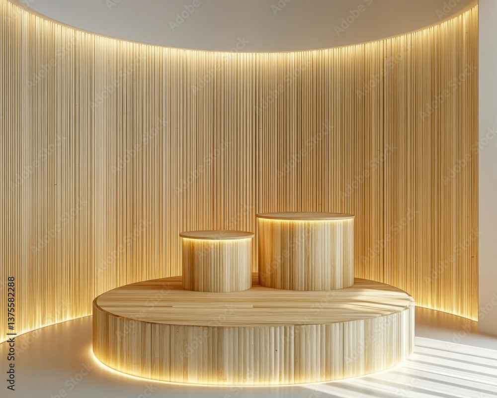Poster modern wooden podium design features circular shapes illuminated by soft lighting, creating warm and
