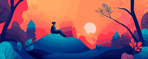 Fototapeta premium Solitary figure enjoying a vibrant sunset in a colorful forest landscape - vector.