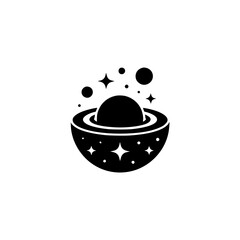 Black & White Space Bowl Logo: Galaxy, Planets, Stars, Minimalist Design