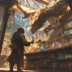 A magical encounter between a wizard and a dragon in an enchanting shop.