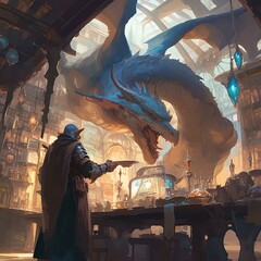 A mysterious wizard confronts a majestic dragon in an ancient library.