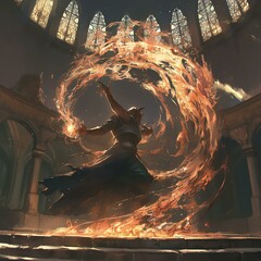 A mystical figure performs a captivating fire dance in an enchanting ancient setting.