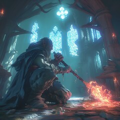 A cloaked figure kneels in a mystical setting, holding a glowing weapon in a dark space.