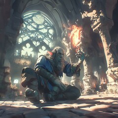 An ancient wizard holds a fiery torch in a mystical, abandoned cathedral.