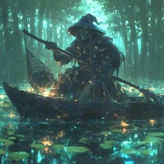 An enchanting figure paddles in a mystical forest, illuminated by glowing water.