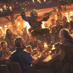 A lively tavern scene with musicians performing for an enthusiastic crowd.