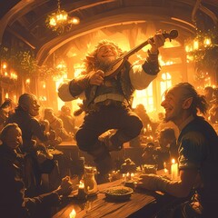 A lively tavern scene, filled with music, laughter, and celebration among diverse characters.