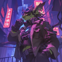 A vibrant street scene with a unique creature in futuristic attire.