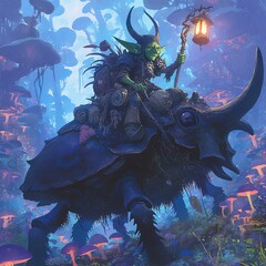 Fantasy character riding a beetle in a mystical forest filled with mushrooms.
