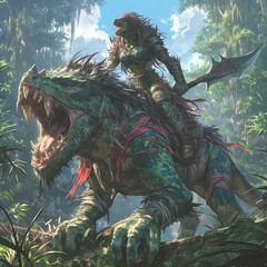 A warrior and creature blend in a mystical jungle, showcasing unity and adventure.